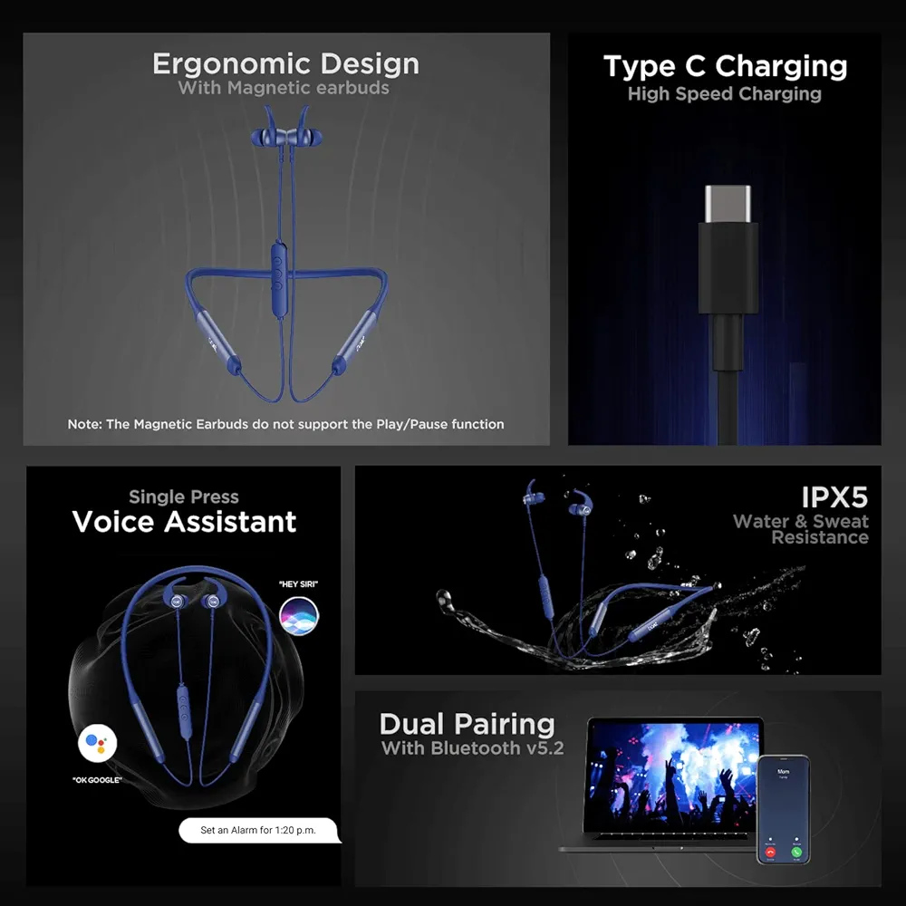 Boat Rockerz 258 Pro Navy Blue Necklace Style In Ear Bluetooth Headset - Image 4